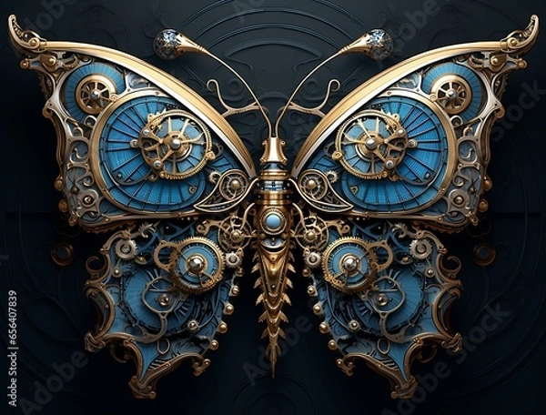 Fototapeta Butterfly with ornament on black background. 3d illustration.