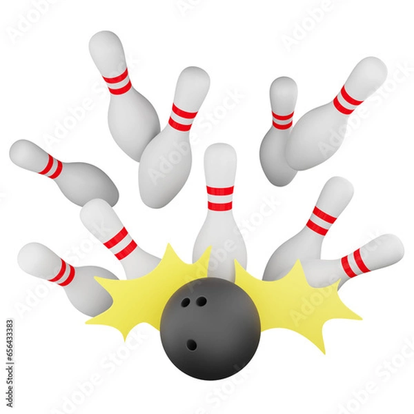 Fototapeta Bowling ball hit bowling pins clipart flat design icon isolated on transparent background, 3D render sport and exercise concept 2