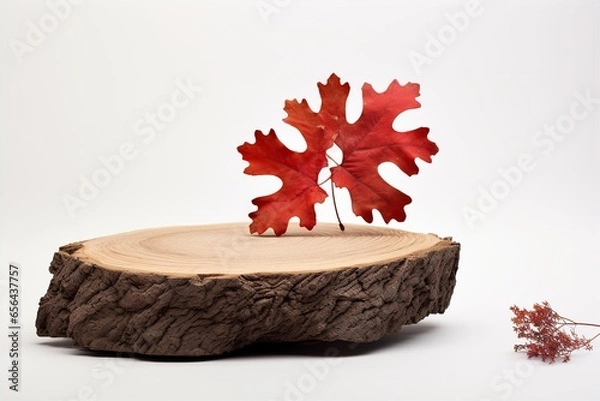 Obraz oak slice on white background with red leaves on the top, in the style of nostalgic mood, handcrafted objects, photo taken with nikon d750, eco-friendly craftsmanship, norwegian nature, warm tonal ran