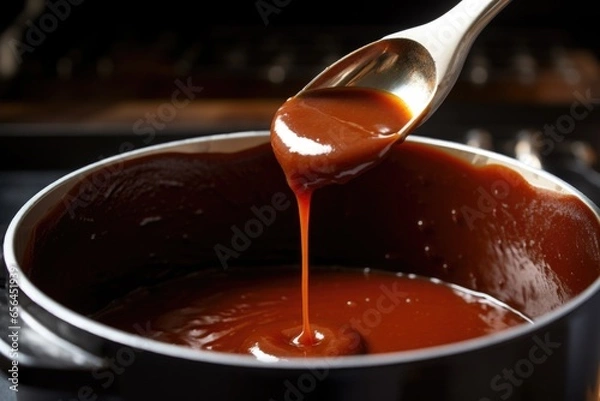 Obraz stirring bourbon bbq sauce in a saucepan