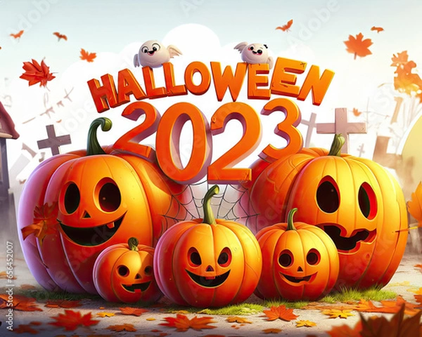 Obraz Happy Pumpkins on a Grave by daylight, Halloween 2023 for kids