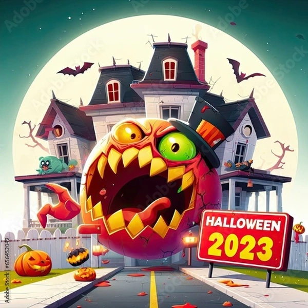 Obraz Round monster with a hat coming out of a horror house for Halloween 2023