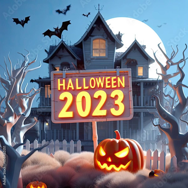 Fototapeta Happy illustration of a 3d Halloween House of 2023 with a lightning pumpkin in fornt