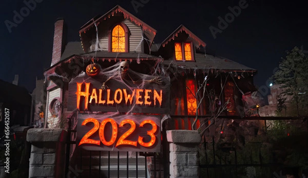 Obraz dark horror-house with a sign on the fance spelling "Halloween 2023"