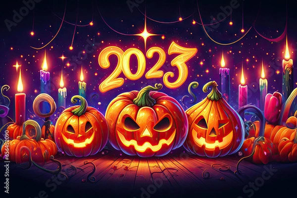 Obraz magical halloween pumpkins with "2023" in the air, illustration