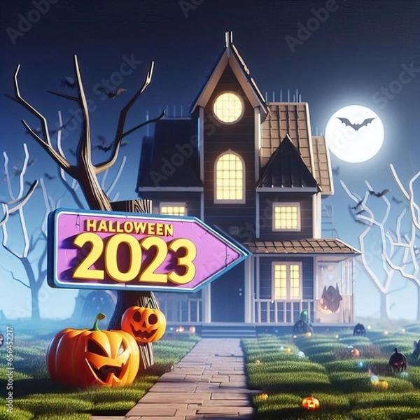 Obraz Horror-House with Halloween sign in front of it