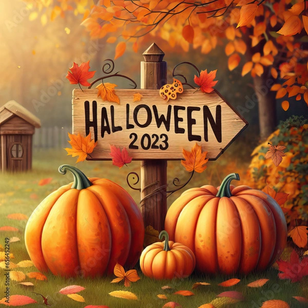 Obraz Pumpkins in front of a Halloween 2023 Sign in fall