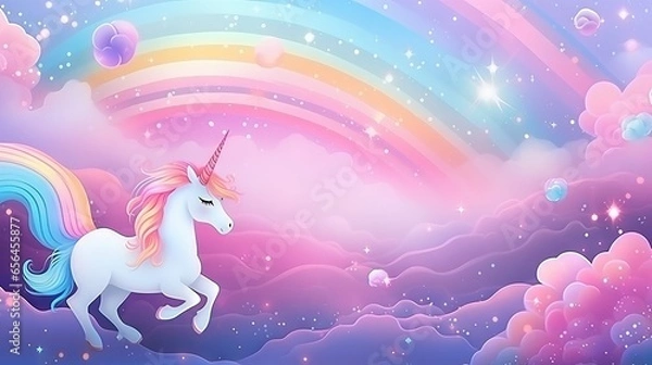 Obraz Pastel pink rainbow unicorn galaxy background with glitter and bokeh effects. Vector illustration of fantasy magic mermaid sky with stars and sparkles. Kawaii holographic abstract space design.