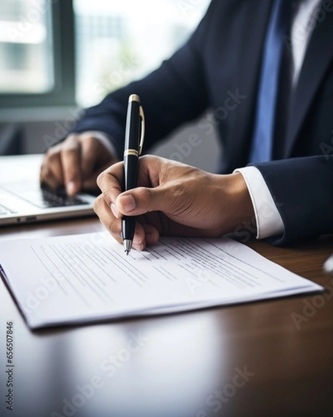 Fototapeta In a close-up shot, a businessman's hand grips a pen with precision, signing a crucial contract. 