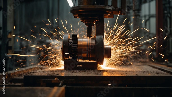 Fototapeta Sparks fly out machine head for metal processing. production of parts at a metallurgical plant. dark background and sparks