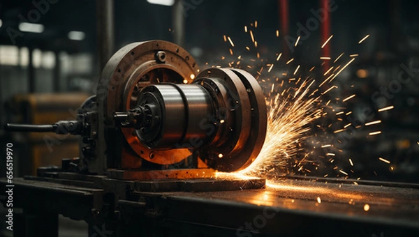 Fototapeta Sparks fly out machine head for metal processing. production of parts at a metallurgical plant. dark background and sparks