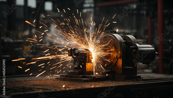 Fototapeta Sparks fly out machine head for metal processing. production of parts at a metallurgical plant. dark background and sparks