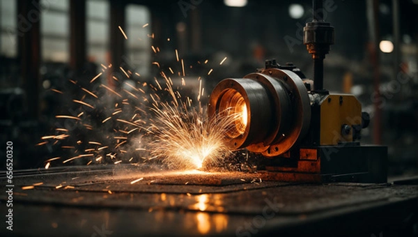Fototapeta Sparks fly out machine head for metal processing. production of parts at a metallurgical plant. dark background and sparks