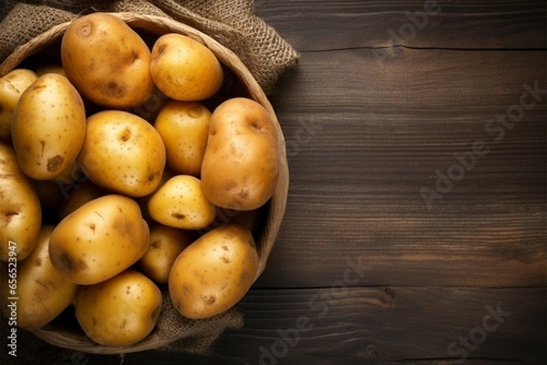 Fototapeta Wooden background with raw potatoes in an old sack, top view