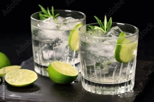 Fototapeta a crystal-clear gin and tonic with fresh lime slices