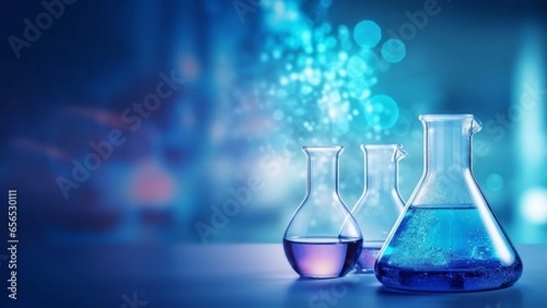Obraz Glass flask with a place for text. Chemistry background. AI generative