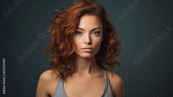 Fototapeta woman with captivating sight, posing frontally for a portrait against a colorful background.