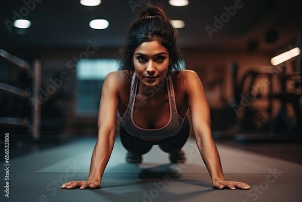 Fototapeta Fit woman performing push ups with determination in a well-equipped gym.