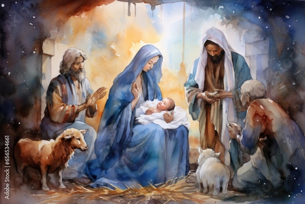 Obraz watercolor illustration Christian nativity scene. Virgin Mary, Jesus Christ, Joseph, Star of Bethlehem.For Merry Christmas greeting cards