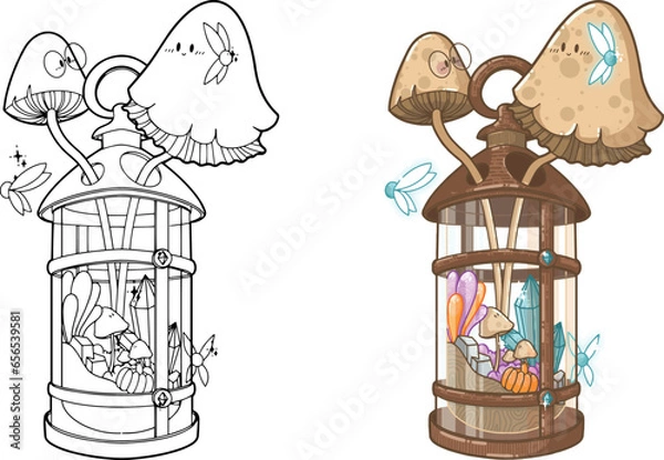Fototapeta Terrarium in a lantern with mushrooms, pumpkin, crystals, plants - outlines, contours - nice design for logo, patch,  icon, illustration for coloring books, kawaii and cute 