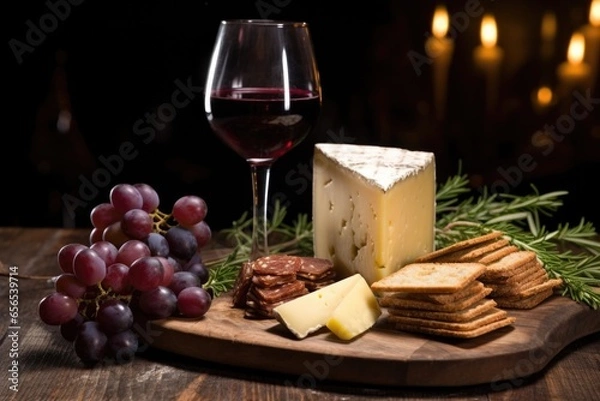 Fototapeta smoked cheese with wine and grapes