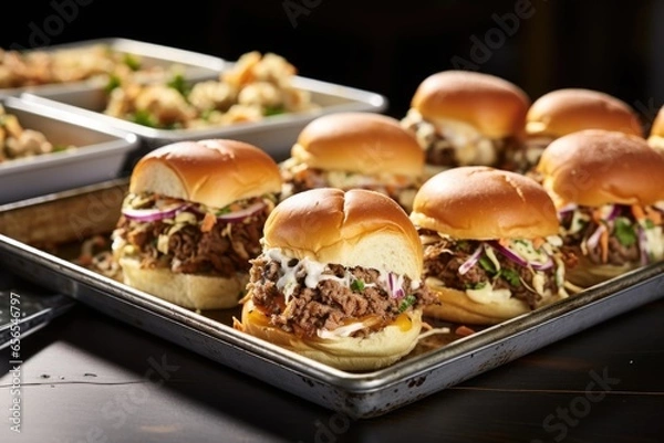 Fototapeta mix of ground beef and pulled pork sliders on tray