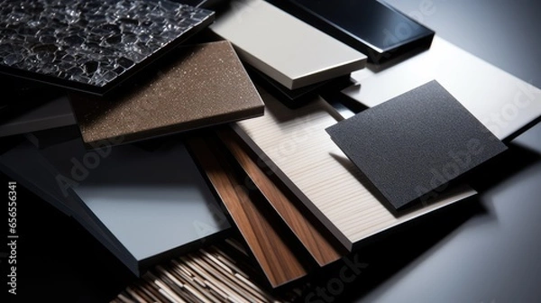 Obraz samples of interior material consists concrete tile, wooden laminated or veneer, artificial stones, green fabric for drapery, wooden vinyl flooring. interior selected material for mood and tone board.