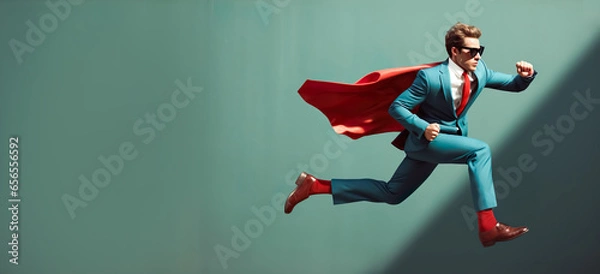 Fototapeta Business person look like superhero flying on sky.strong and confidence concepts.vision of leadership ideas