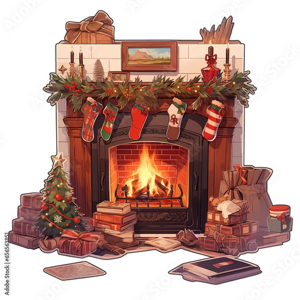 Fototapeta  Christmas fireplace with lots of decor and christmas socks.Generative Ai