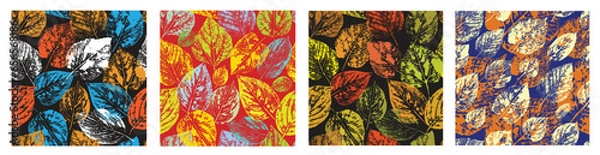 Fototapeta Set of seamless patterns. Autumn leaves. Imprints of natural leaves. Botanical ornament for the design of nature, fabric, textile, background, postcard, wrapping paper. Stock vector illustration.