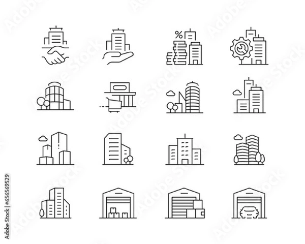 Fototapeta Commerical Buildings Icon collection containing 16 editable stroke icons. Perfect for logos, stats and infographics. Edit the thickness of the line in any vector capable app.