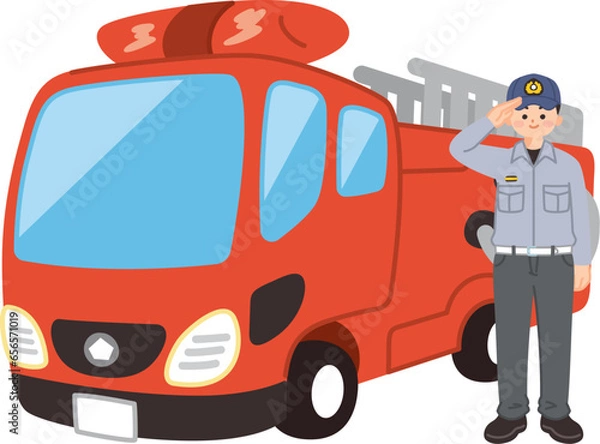 Obraz はしご消防車と消防士の男性　防災　レスキュー