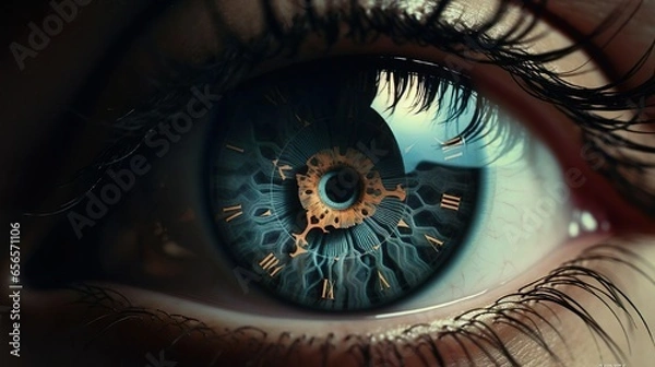 Fototapeta Clock watch timer in female human eye with long eyelashes. Time human age hour future past concept.