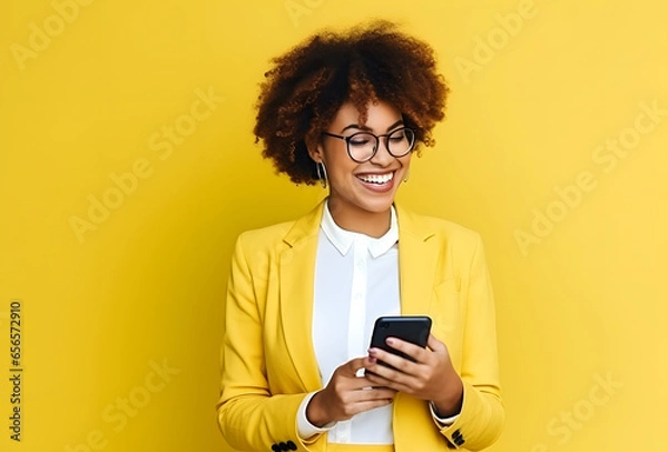 Fototapeta Colorful studio portrait of a young african-american woman with glasses using a smartphone, yellow dominant color. Copy space