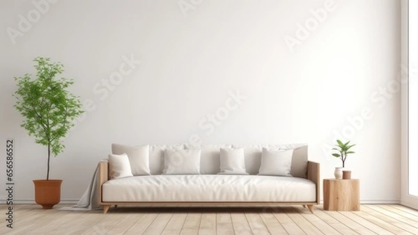 Fototapeta interior design of modern living room with beige fabric sofa and cushions. White wall with frame and space for text, living, furniture