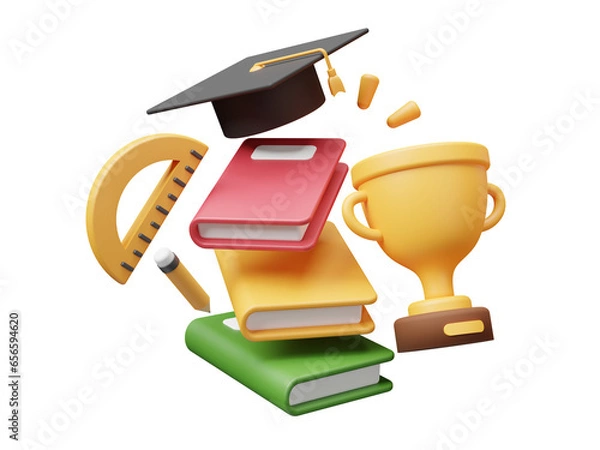 Fototapeta 3d floating book stack, trophy graduation hat, ruler and pencil, illustration of graduation, school and education