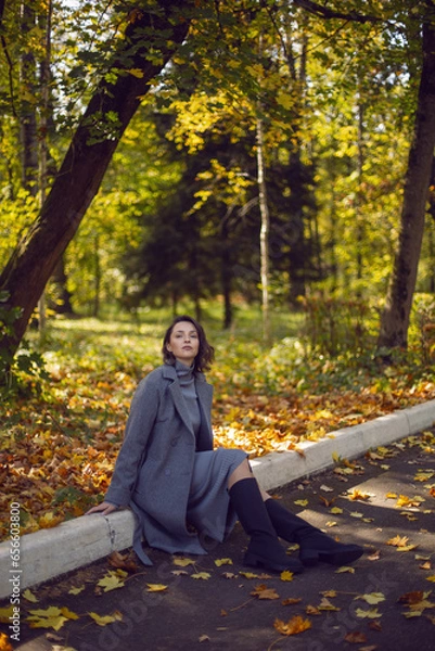 Obraz brunette woman in a gray coat and boots is sitting on a park curb in autumn among the trees. Orange foliage and a wooden bench during the day