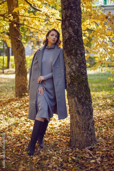 Obraz brunette woman in a gray coat and boots is standing by a tree in autumn among the trees. Orange foliage during the day