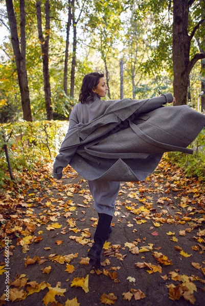 Obraz brunette woman in a gray coat and boots is walking along the path in the leaves in autumn among the trees. Orange foliage during the day