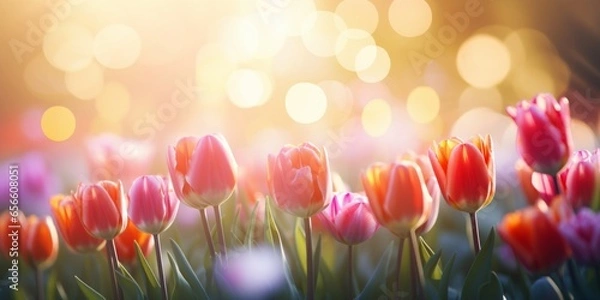 Obraz Panoramic shot of vibrant tulips in full bloom with a bokeh background and enchanting backlighting