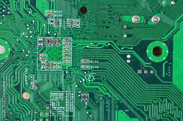 Fototapeta Close up of a printed green computer circuit board