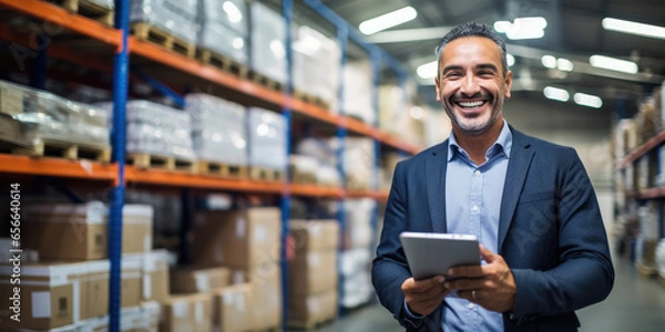 Fototapeta Smiling salesman in a hardware warehouse standing checking supplies on his tablet.
