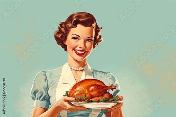 Obraz Vintage style illustration of cheerful, young woman with apron and roast turkey isolated on light blue background. Happy housewife of the 1950s concept. Copy space for text.
