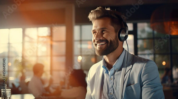 Fototapeta Telephone hotline, male employee man with headset in call center gives support by phone in front of a computer, online meeting