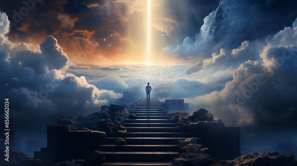 Fototapeta 3D rendering of a silhouette going up to heaven among the clouds