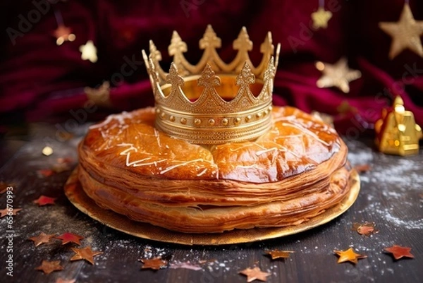 Obraz Galette des rois traditionnelle avec une couronne posée dessus, du sucre glace décore ce gâteau pour la Fête des Rois Mages. Délicieux dessert français qui célèbre le début d´année. Spécialité.