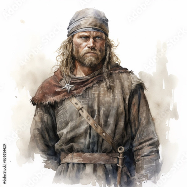 Fototapeta Male viking watercolor clip art isolated on a white background (generative ai)