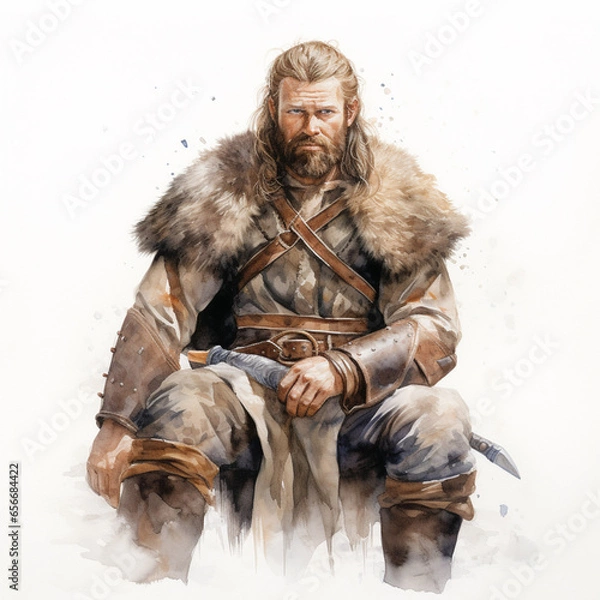 Fototapeta Male viking watercolor clip art isolated on a white background (generative ai)