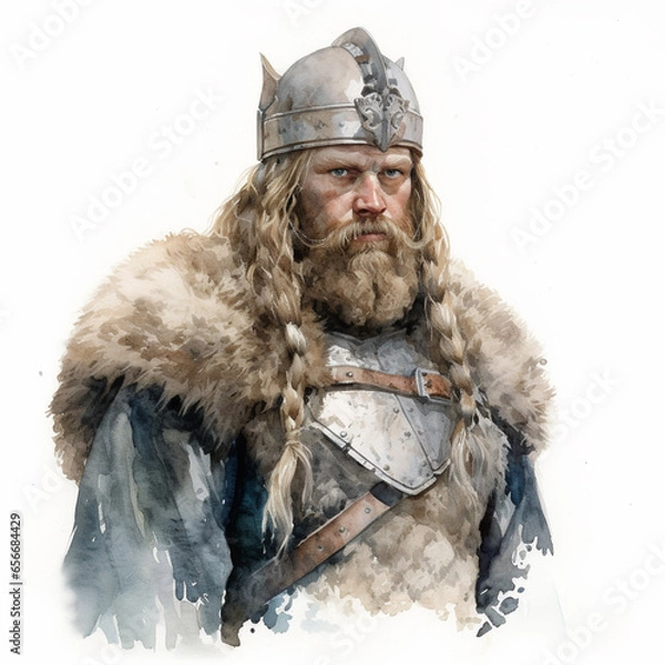 Fototapeta Male viking watercolor clip art isolated on a white background (generative ai)