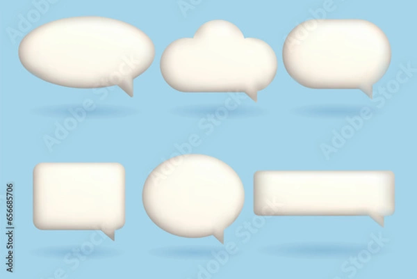 Fototapeta Set of 3D speech bubbles icons isolated on blue background. 3D chat icon set.